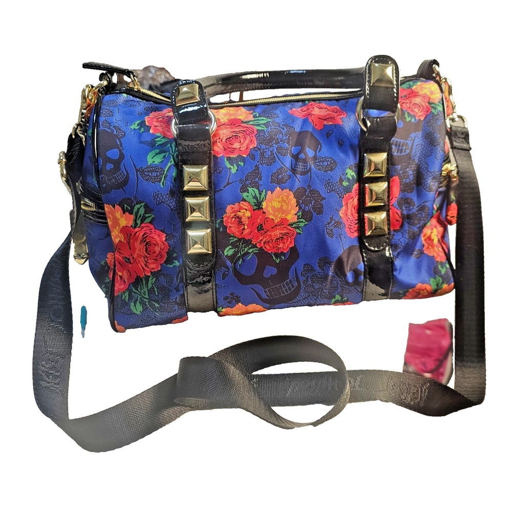 Betsey Johnson Skull Rose Floral Nylon Barrel Duffel Bag Studded Crossbody Goth